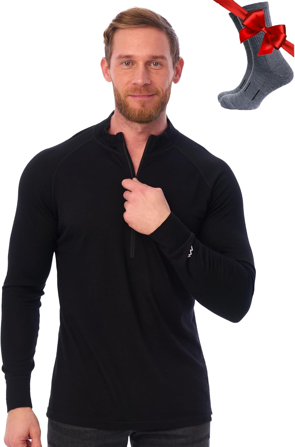 Merino Wool Base Layer Mens - Wool Half Zip Sweater Men - Merino Quarter Zip Sweater Lite, Midweight, Heavyweight and Socks