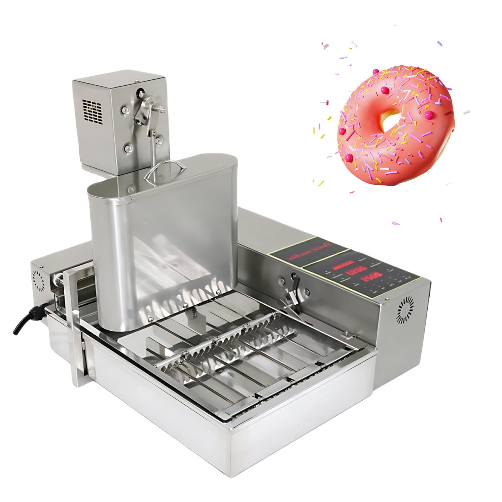 Mini máquina automática para hacer donas de 4 filas, 1800 unidades/hora, acero inoxidable 304, fritura y volteo automáticos, fácil limpieza, 230 V. (110V)