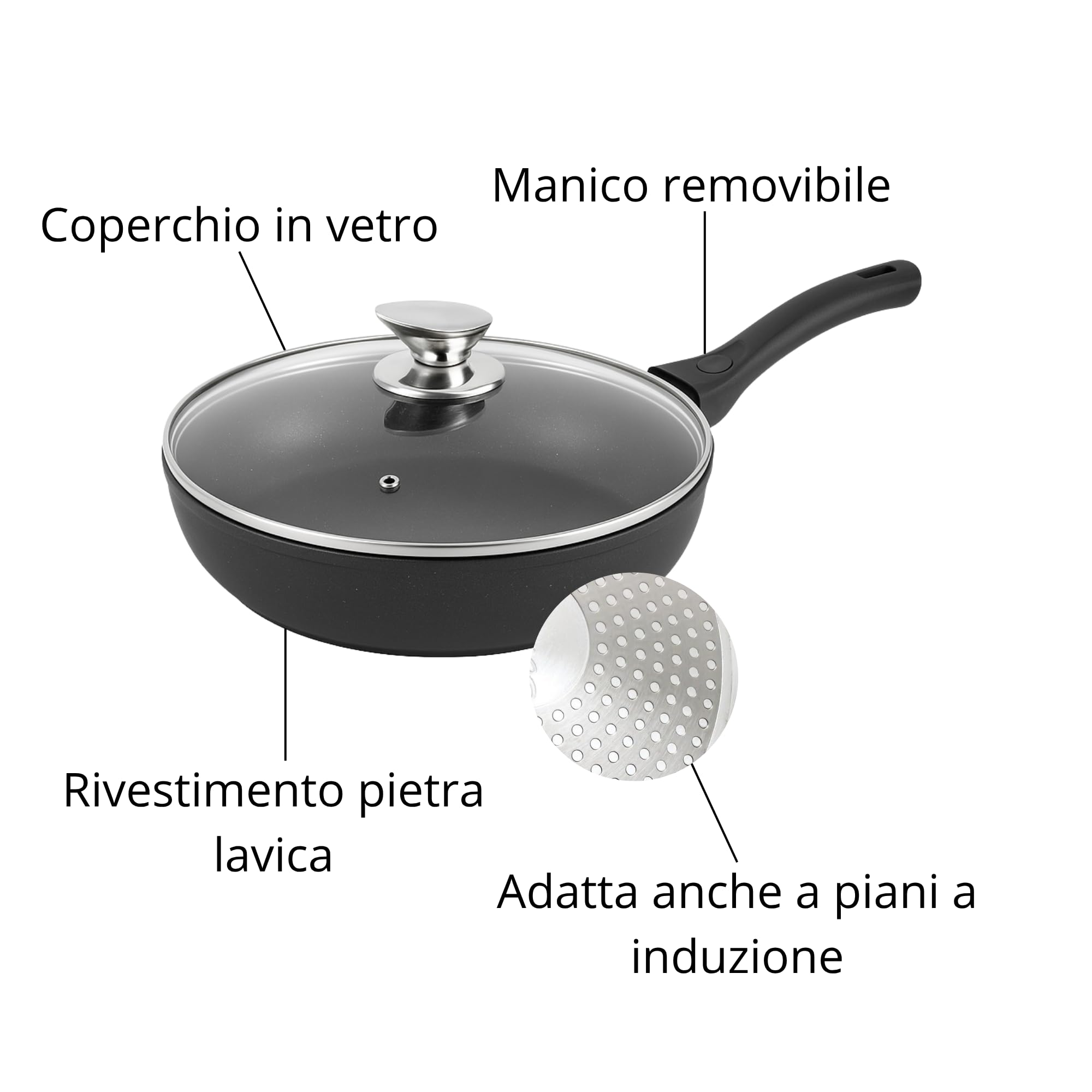 Set di Pentole 22 Pezzi Antiaderenti con Bistecchiera Batteria di Pentole e Padelle con Coperchi in Vetro, Manici Removibili, Mestoli e Accessori in Silicone Per Tutti i Piani di Cottura, Induzione