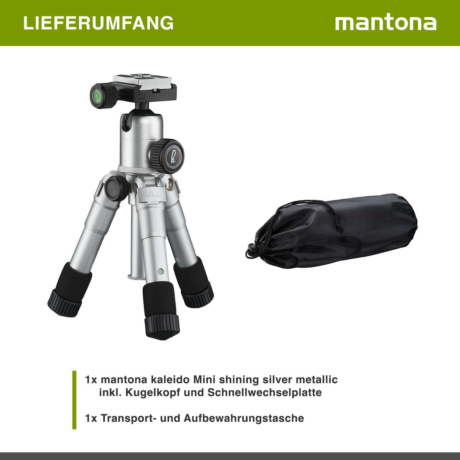 Mantona Kaleido mini statyw do fotografii/stołu, podróżnych (w zestawie głowica kulowa z płytą do szybkiej wymiany i torbą transportową) shining srebrny metalik