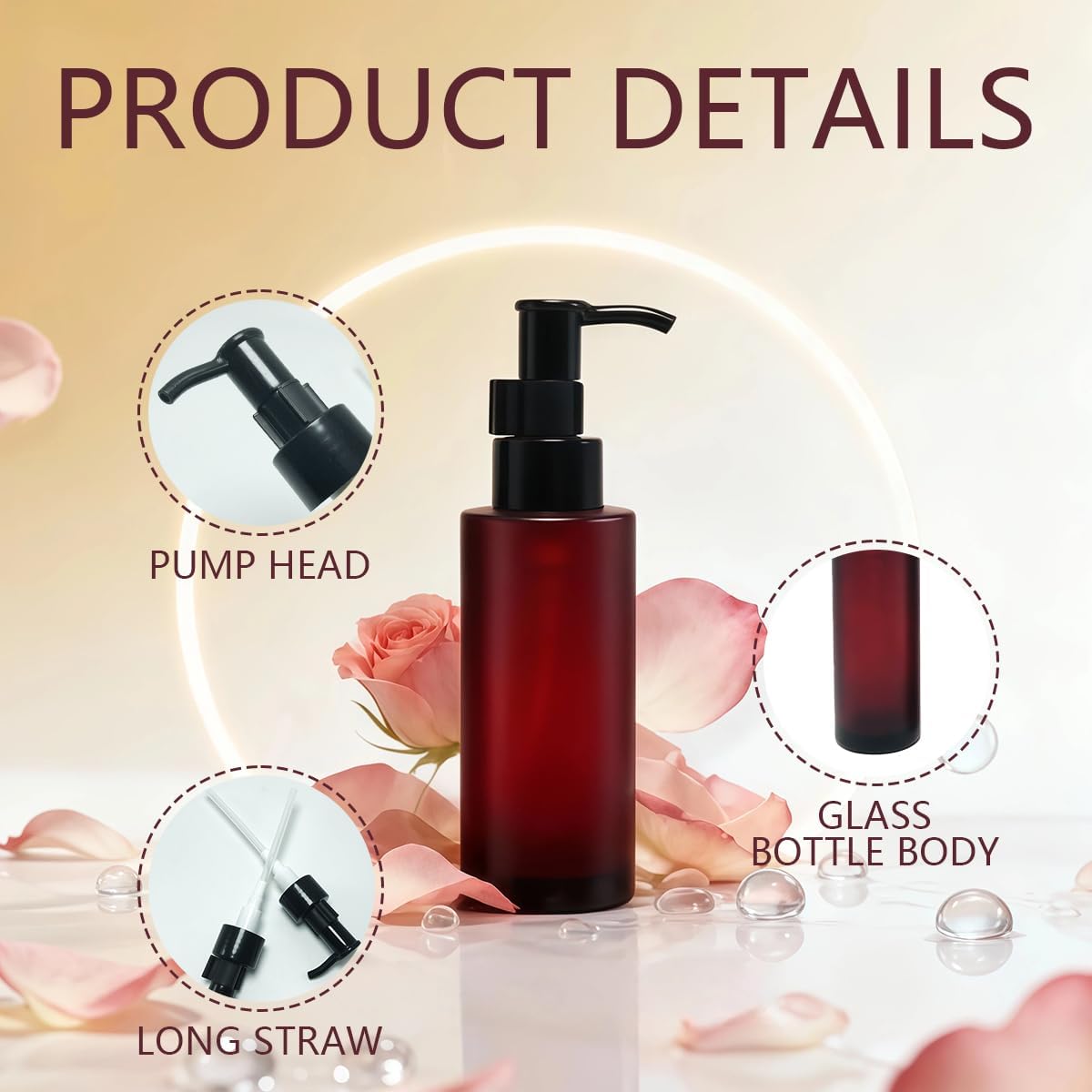 2PCS 100ml/3.4oz Empty Refillable Amber Frosted Glass Lotion Pump Press Bottles Soap Dispensers Containers Jars with Black Pumps for Lotion Liquid Makeup Removel Oil Shampoo - Image 3