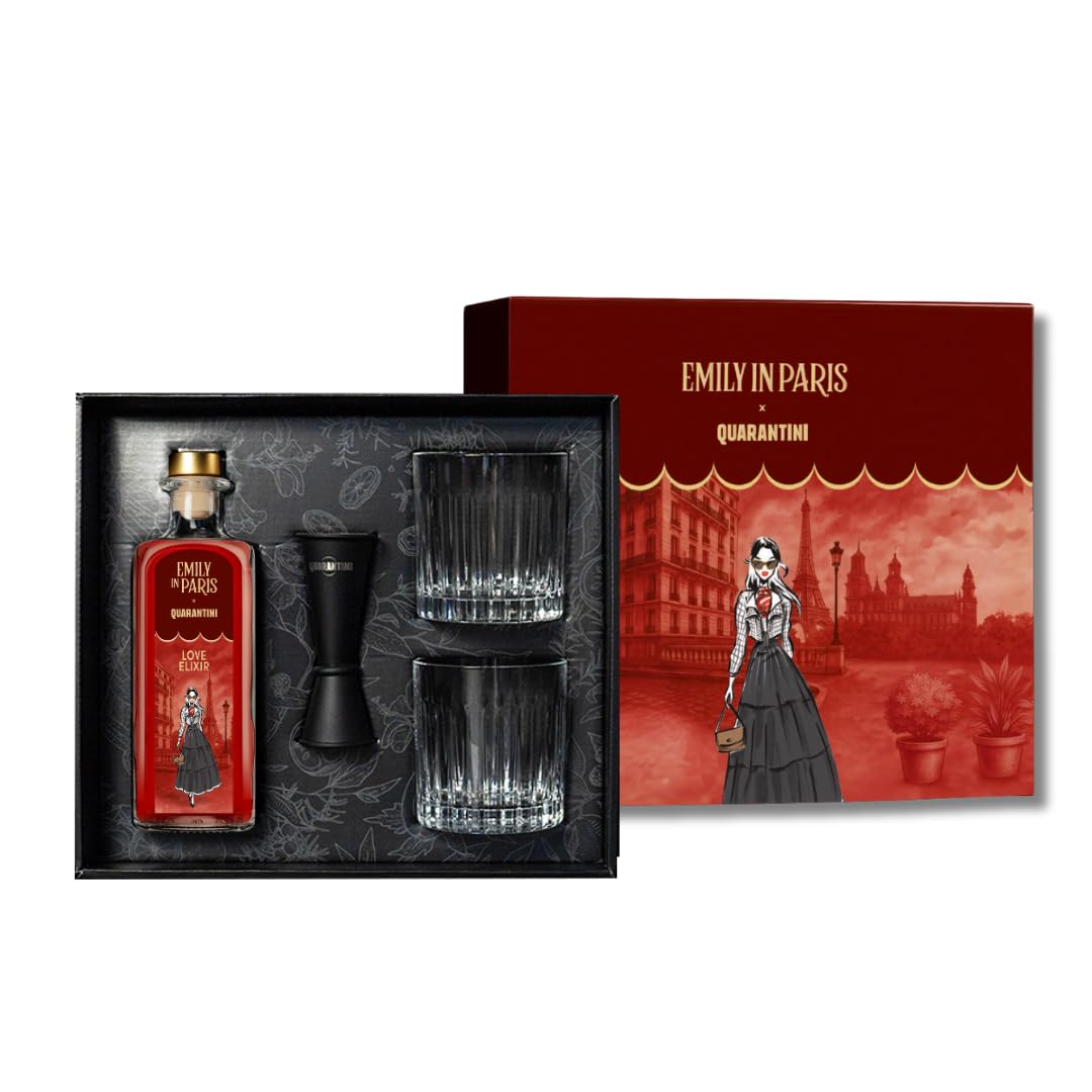 Quarantini Gin Emily in Paris Geschenkset | 500 ml Premium Gin Love Elixir 42% Vol. mit hochwertigen, fruchtigen Botanicals Amarena Kirsche, Roten Trauben, Tonka Bohne | Geschenkset inkl. Rezeptbuch