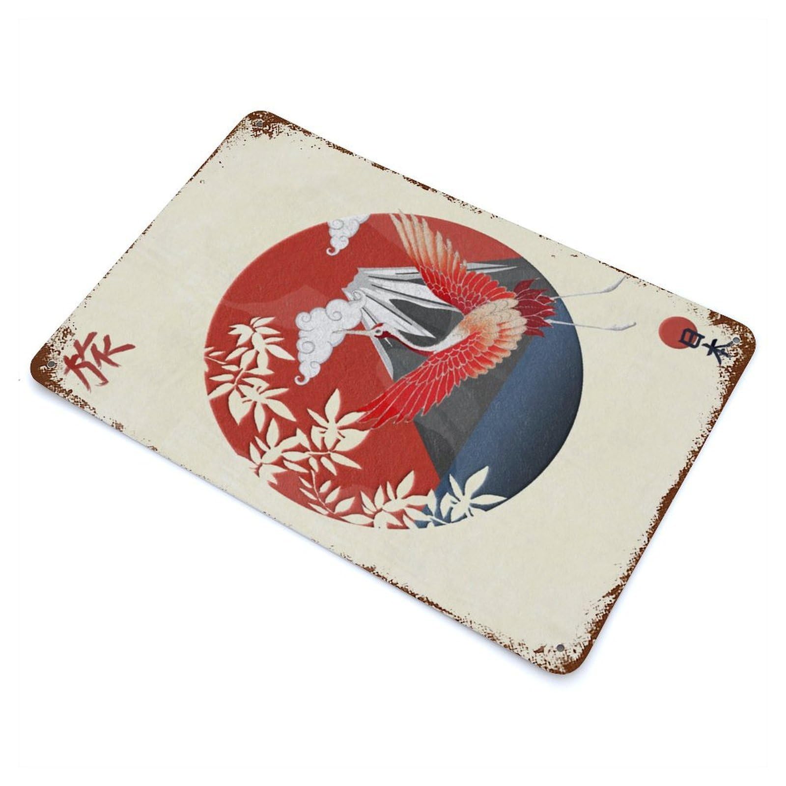 Rust Effect Fuji Mount Japanese Rustic Tin Plaque 11.8"x7.9", Decorative Metal Wall Art for Farmhouse, Kitchen And Entryway Decor