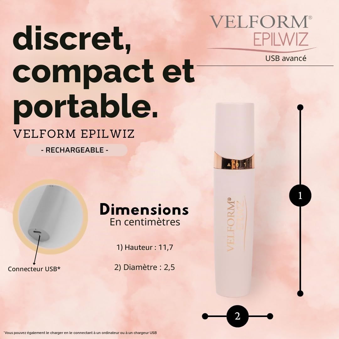 VELFORM Epilwiz, épilateur facial rechargeable, câble USB, système d'épilation avancé avec lumière LED, tête plaquée or 18 carats, tous types de peau (Advanced - USB)