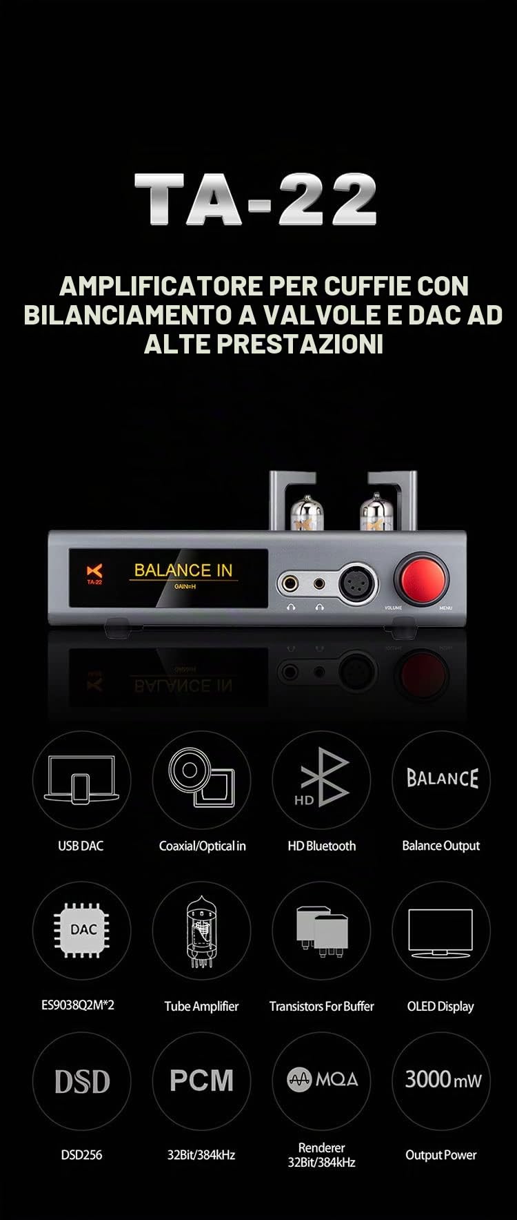 XDUOO TA-22 ES9038Q2M * 2 DSD256 HD Bluetooth PCM 32Bit/384kHz Balance Output Ad alte prestazioni DAC & TUBE Balance Amplificatore per cuffie