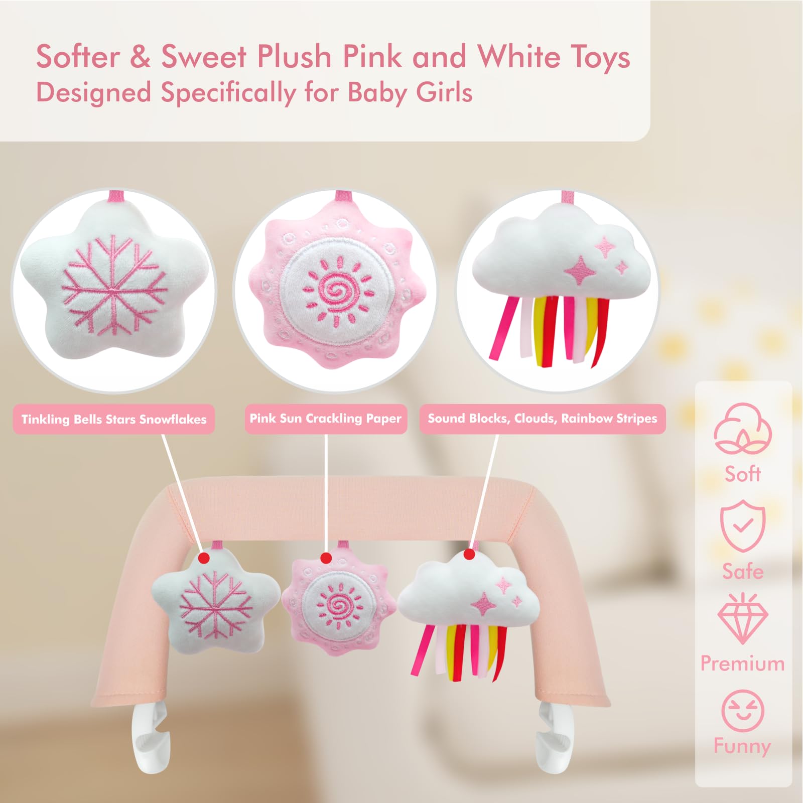 iGRATENS Baby Bouncer Toy Bar, Toy Bar for Baby Bouncer Bliss and Balance Soft with 3 PCS Cute Sensory Toys - Image 3