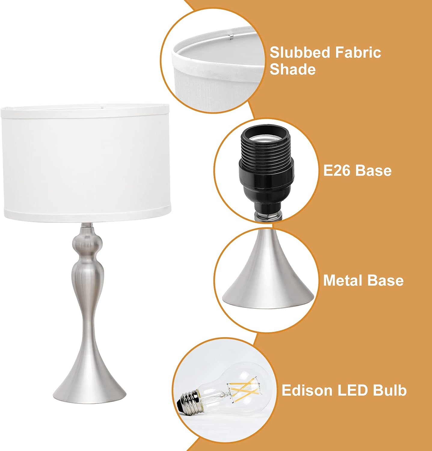3 Way Touch Control Table Lamp Set of 2, Dimmable Nightstand Lamp with Silver Metal Base Modern Bedside Lamp White Shade Simple Side Touch Lamp for Bedroom Living Room Office Edison Bulb Included