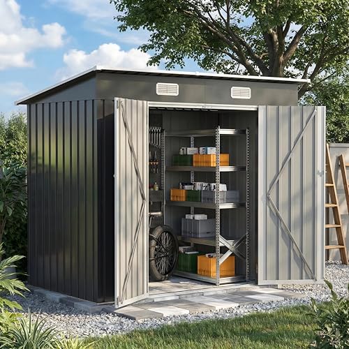 Image of UDPATIO 8x4 FT Metal Storage Shed,Outdoor Shed,Garden Shed for Patio,Grey | All-Weather,Sloping Roof,Lockable Door,Air Vent,Upgraded Full-Frame Structure,Patio,Lawn,Garden,Backyard,Bicycle,Tool,Bicycle