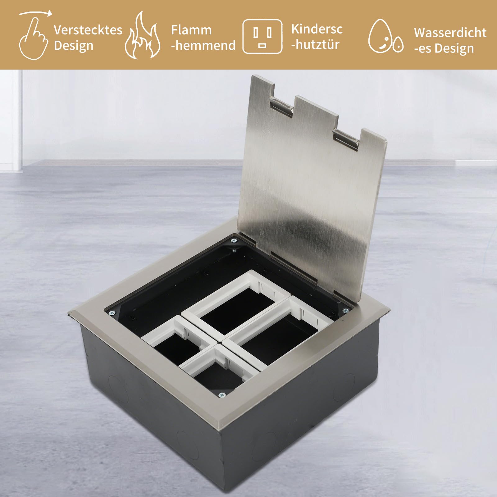 Prise de sol en acier inoxydable pour réservoir de sol, prise encastrable, boîte de prise encastrée au sol, inserts optionnels à monter soi-même, 2/4/6 compartiments, prises au niveau du sol (4