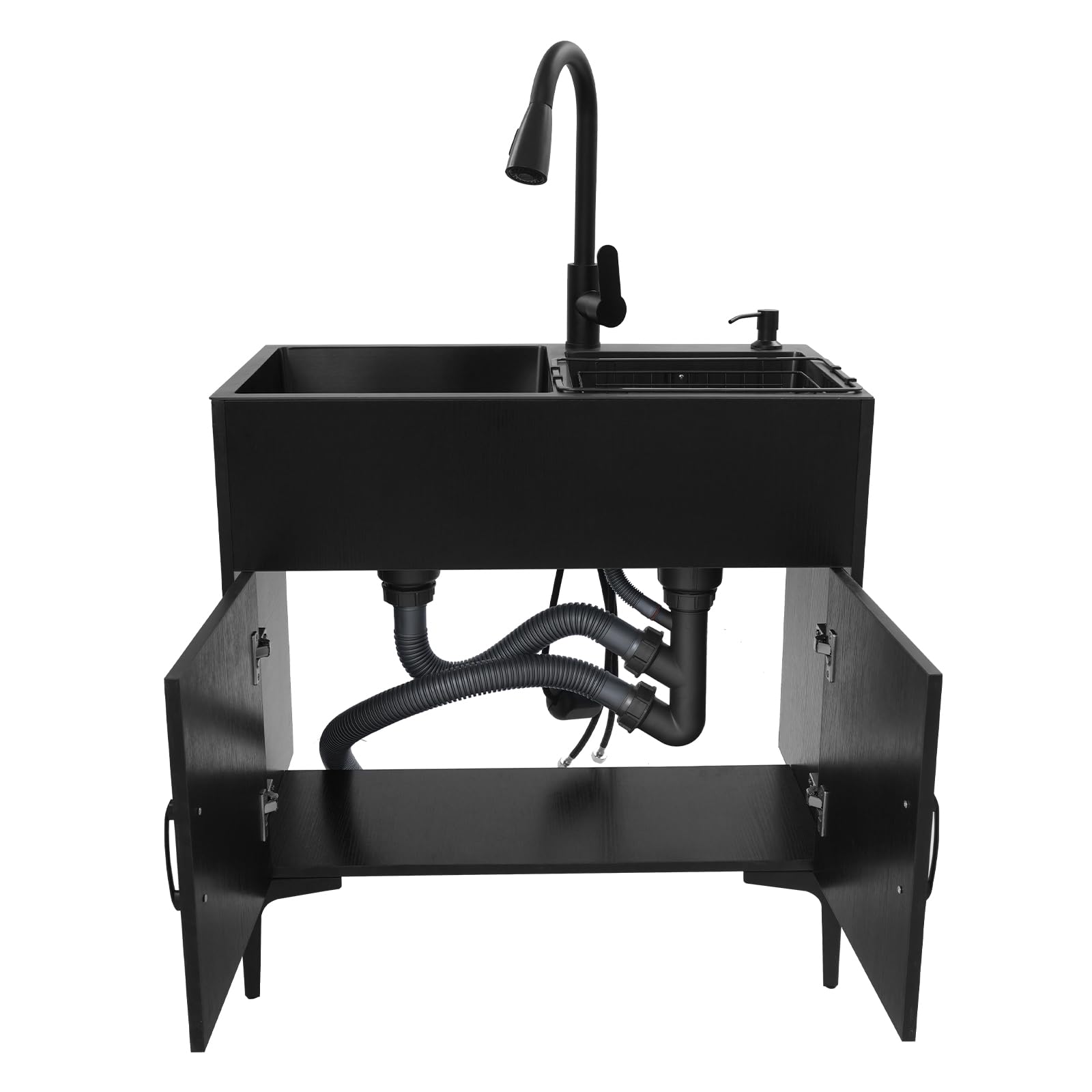 Spültisch 75 cm Breit Küche Spüle mit Unterschrank 2 Becken Ausziehbar Küchenarmatur Abtropffläche Seifenspender Abflussrohr Abflusssieb 360° Drehbarer Wasserhahn