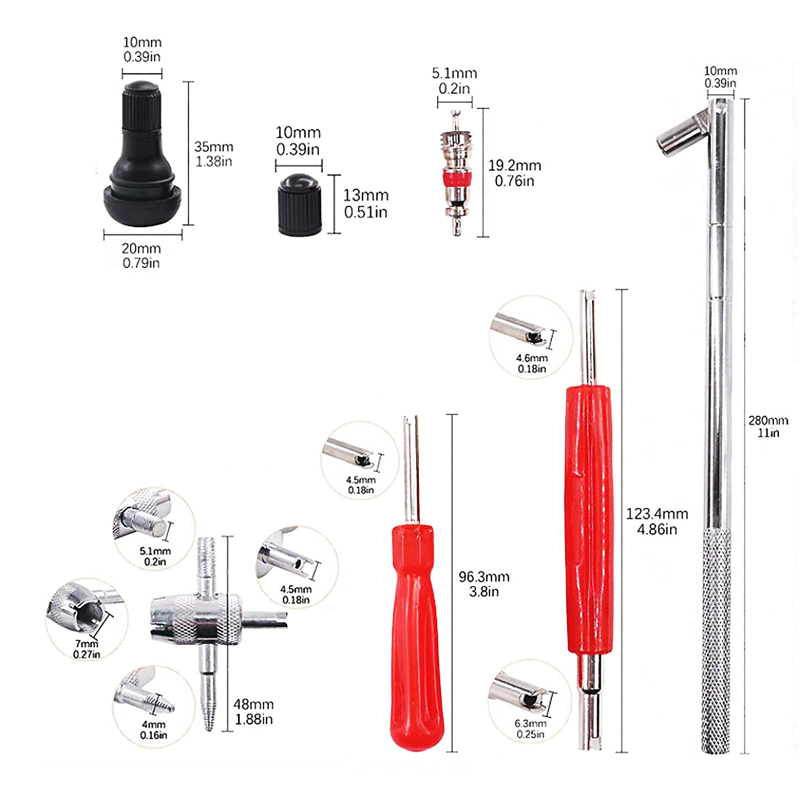 Kit di Riparazione dei Pneumatici 34 Pezzi con Estrattori di Gambi Valvole e Ridotti per, Automobili, Biciclette e Veicoli Elettrici