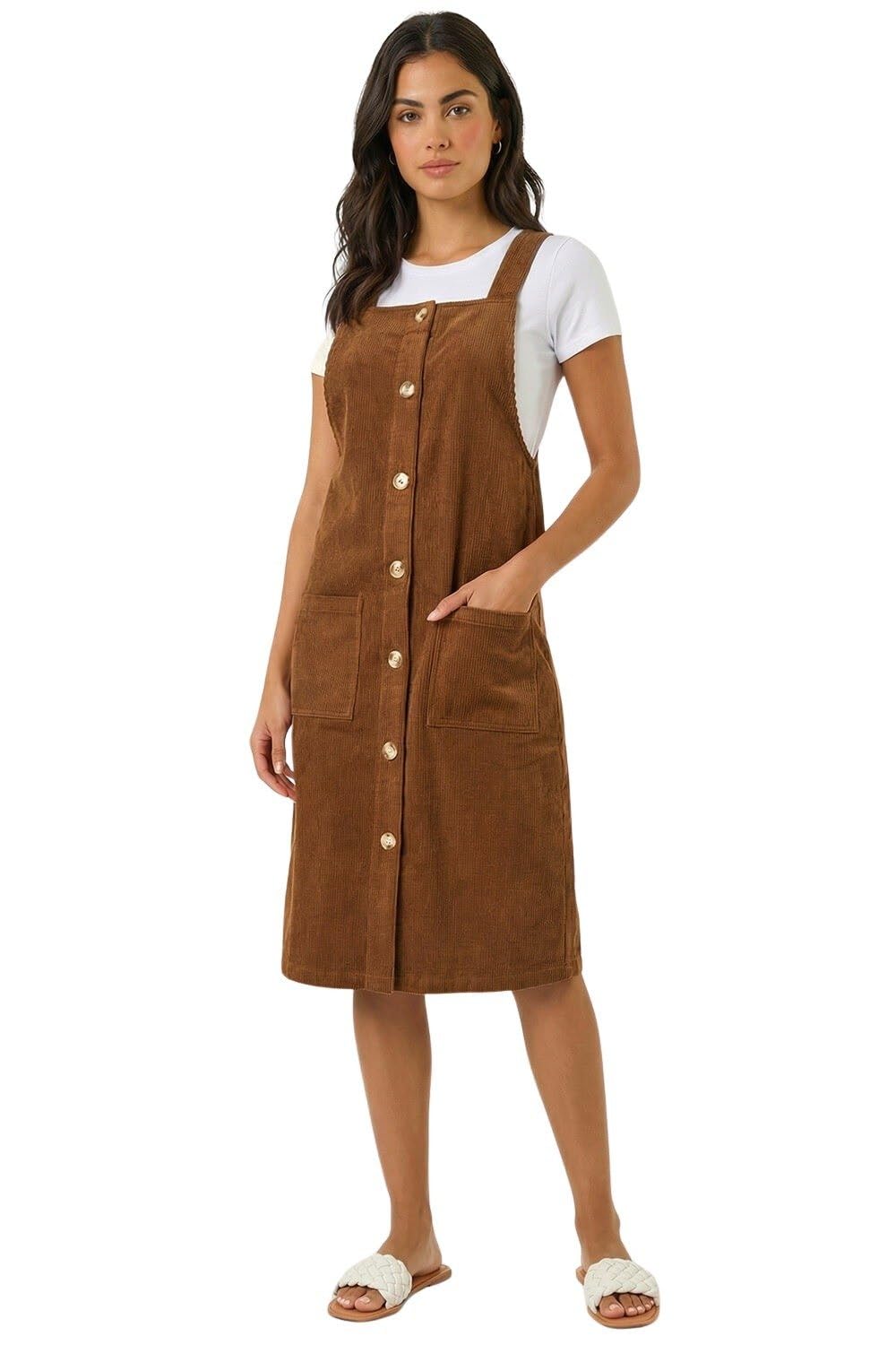 Roman Women's Chocolate Corduroy Pinafore Midi Dress In | Size: 12