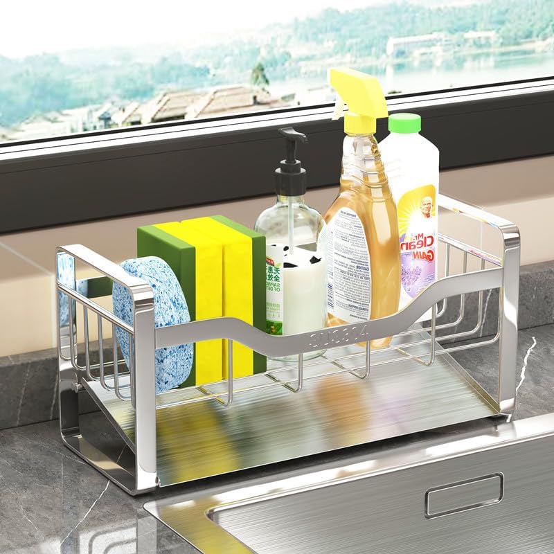 Organizador de esponja para fregadero de cocina, organizador de dispensador de jabón de cocina de acero inoxidable 304, con bandeja de drenaje