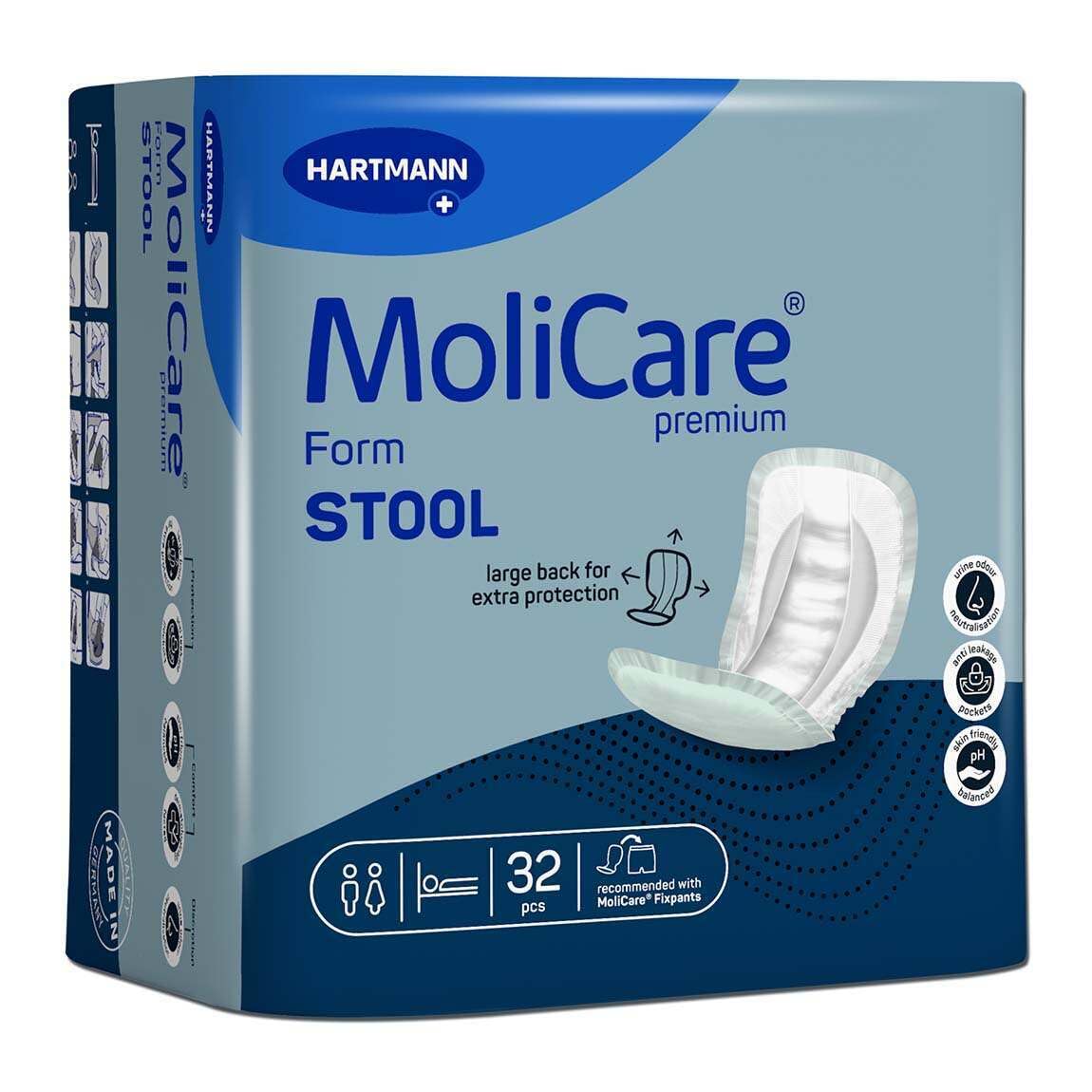 MoliCare Premium Form STOOL: szablon do inkontynencji dla niezawodnej ochrony w przypadku nietrzymania stolca ze specjalnymi kieszeniami, do stosowania z MoliCare Premium Fixpants, 4 x 32 sztuki