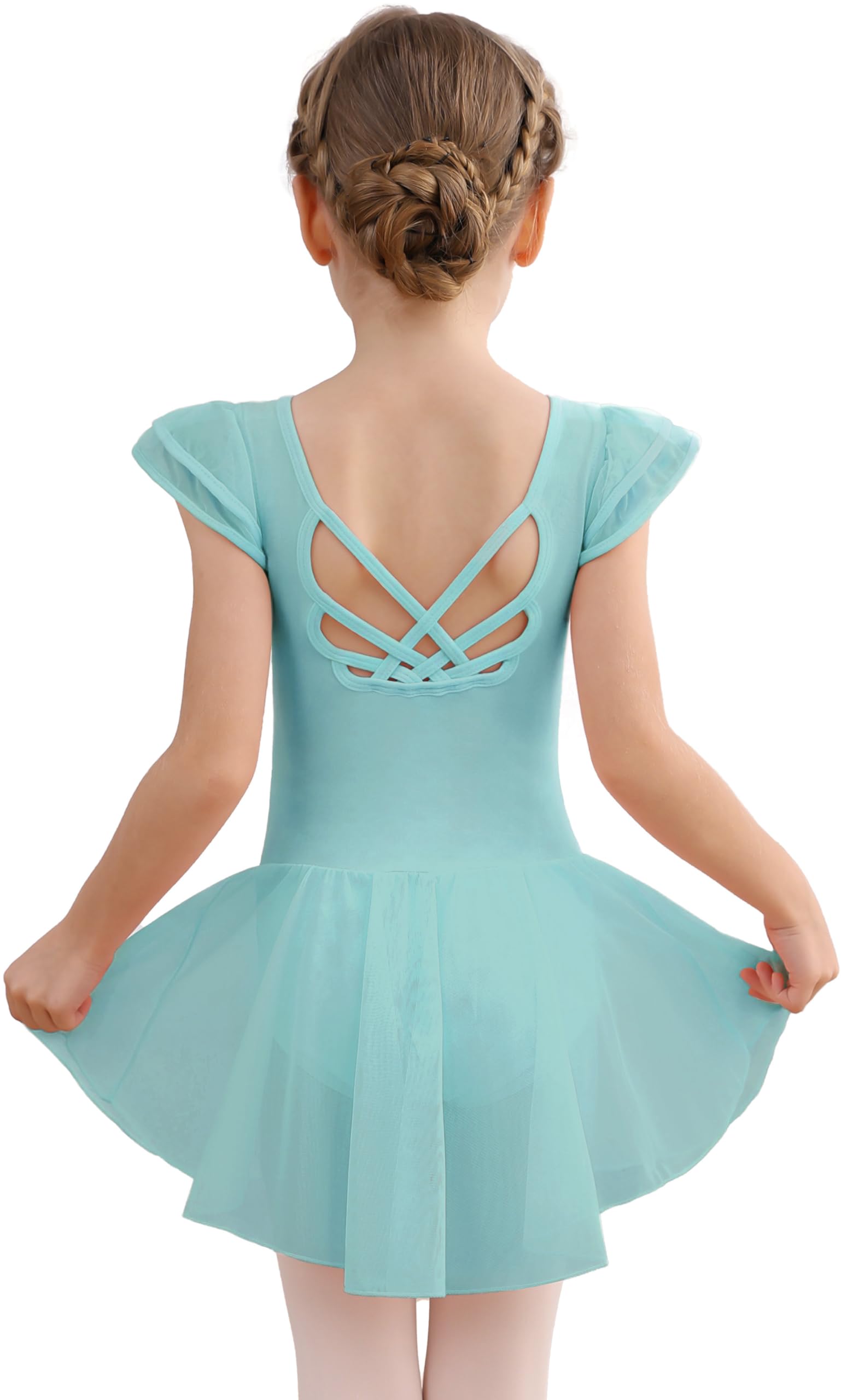 MdnMd Girls Dance Ballet Leotards Dresses for Toddler Ballerina Outfit Skirt Hollow Knot Back Flutter Sleeve