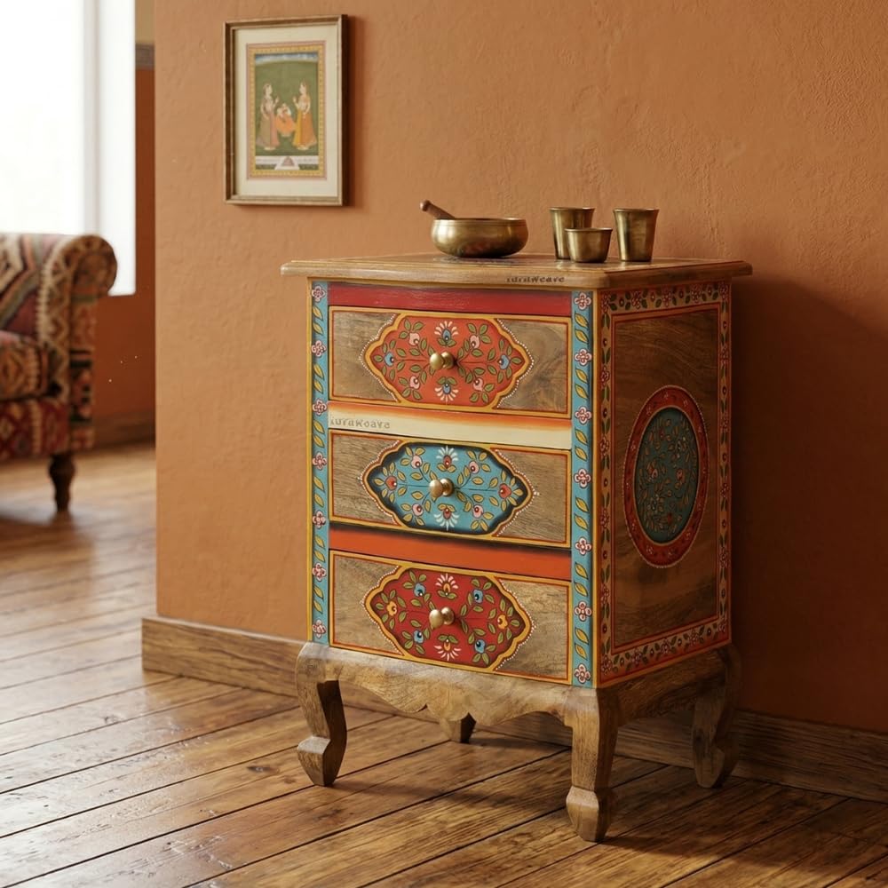 JAE Furniture FURNWEAVE Wooden Bedside Table for Bedroom with Drawer | Solid Wood Nightstand, Hand Painted Bed Side Table | Medium Size Storage Cabinet for Living Room, Multicolour-BS5-image-28