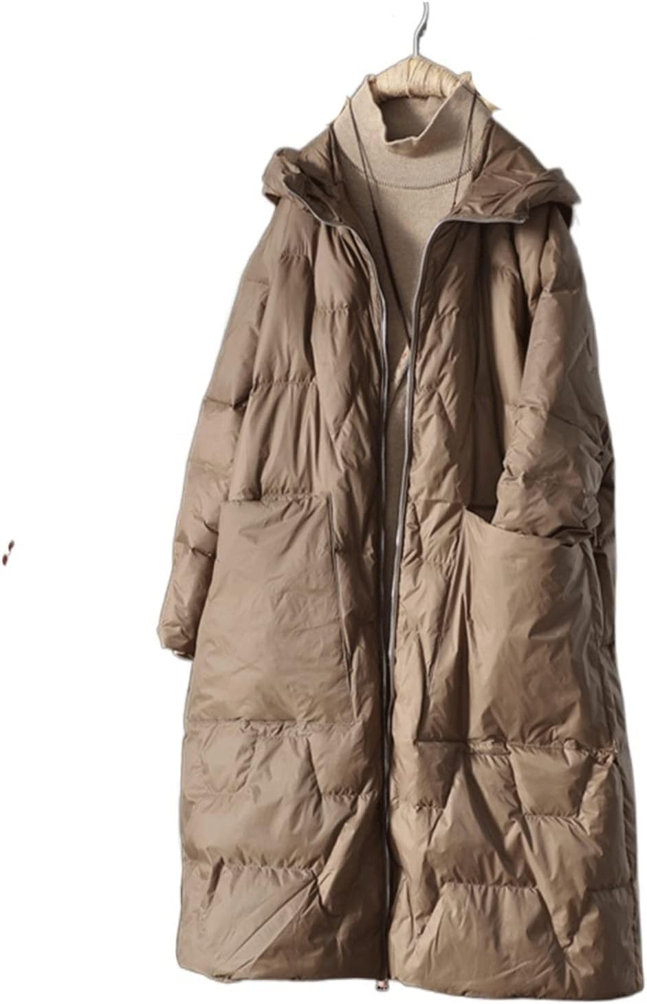 Piumino da Donna, Invernale, Lungo, in Piuma D'Anatra, Trapuntato, Oversize, Caldo, con Cappuccio, Casual, Nero, Parka con Tasche, Brown, 3XL