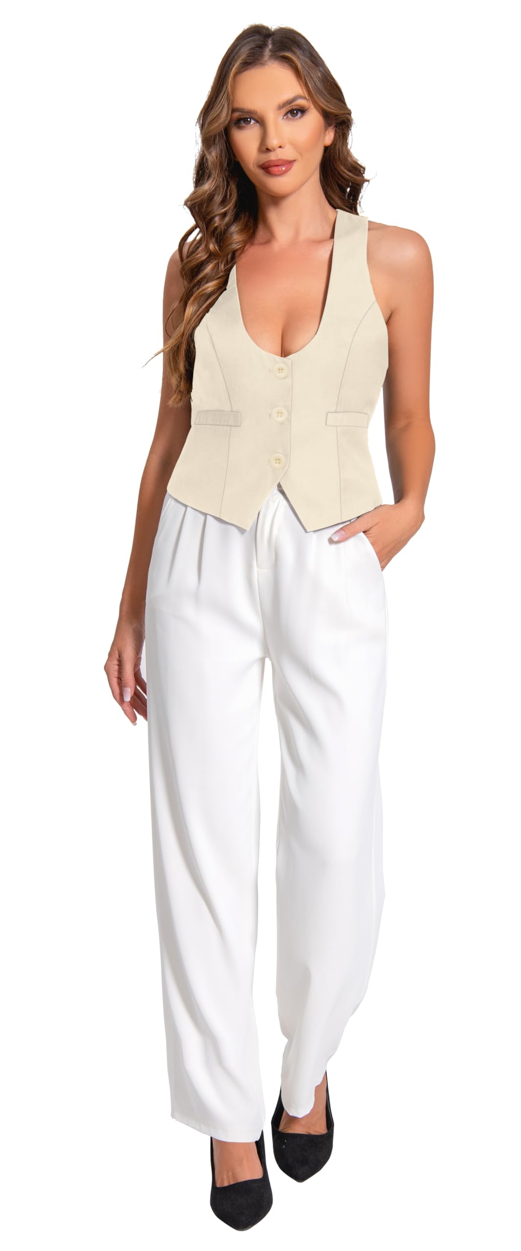 V VOCNI Suit Vest for Women Waistcoat Vintage Steampunk Dressy Casual Racerback Vest Jacket: XX-Large Beige