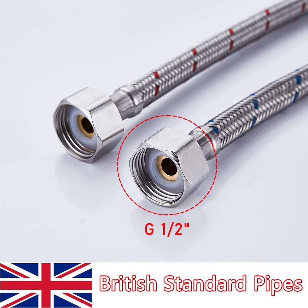 Haiba Pack of 2 Kitchen/Basin Monobloc Mixer Tap Connectors Flexi Pipes Tails British Standard Pipe M10 x1/2 Fitting 700mm Long (Silver Pipes) - Image 3