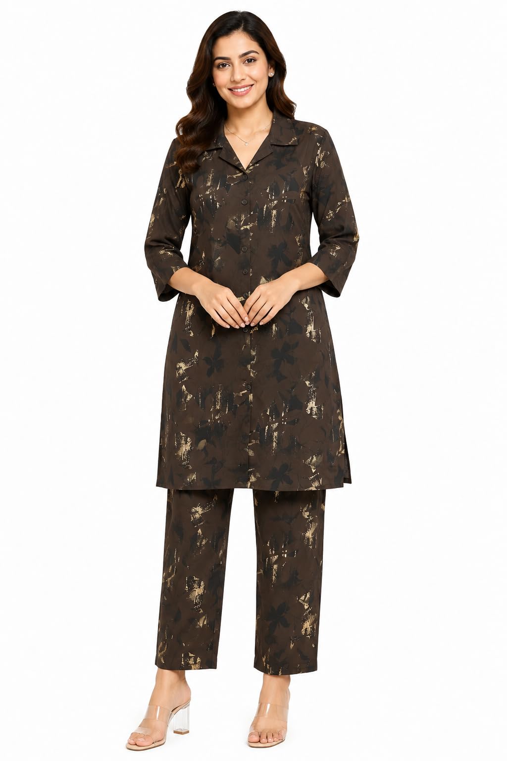 s4m Women's Printed Co-ord Set, Cotton Rayon, 3/4th Sleeves Shirt Collar Kurti with Pants, Office and Casual Wear, Sizes L-3XL-picture-20