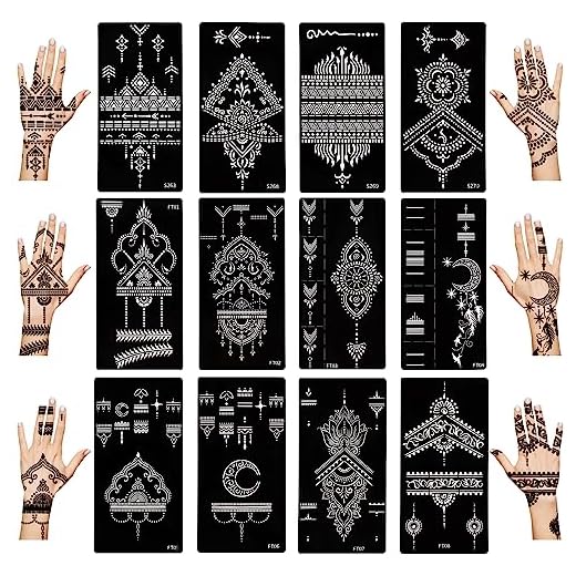 Kunoli Kit de 12 hojas de plantillas de tatuaje de henna, plantilla temporal de tatuaje de aerógrafo para mujeres y niñas, pintura facial y corporal