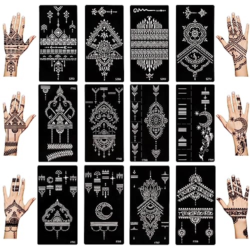 12 Feuilles Kit de Pochoirs Temporaires pour Tatouages au Henné pour les Mains