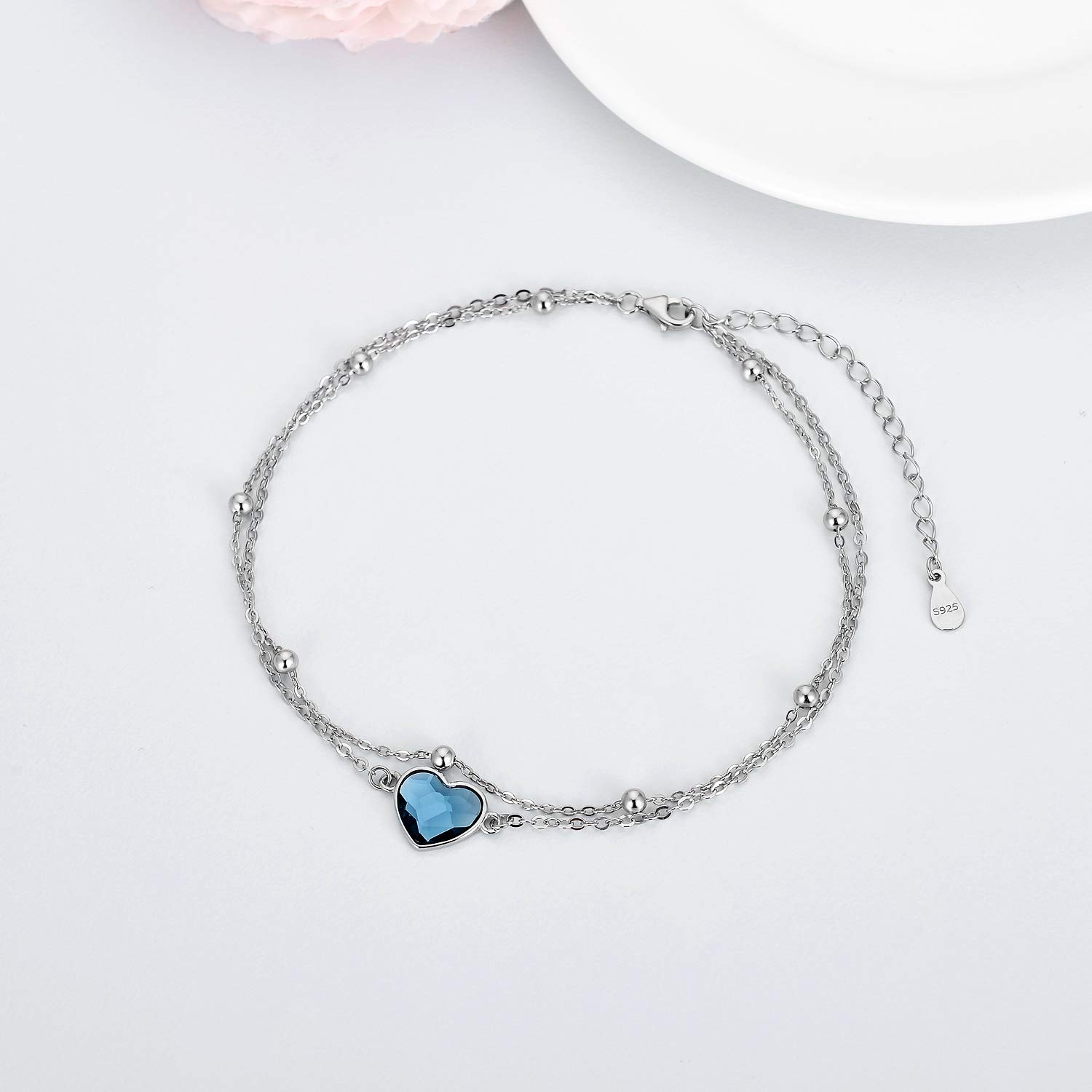 Liebe Herz Fußkettchen Sterling Silber 925 Damen Perlen Fusskettchen mit Kristalle 27cm