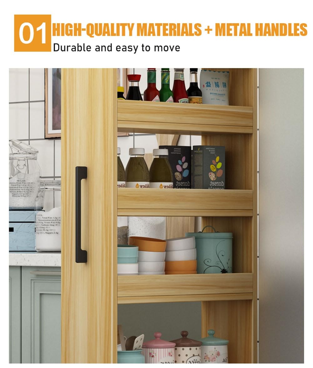 Carrito de almacenamiento delgado con ruedas, carrito de cocina compacto con asa, estante de especias de madera, diseño multifuncional que ahorra espacio
