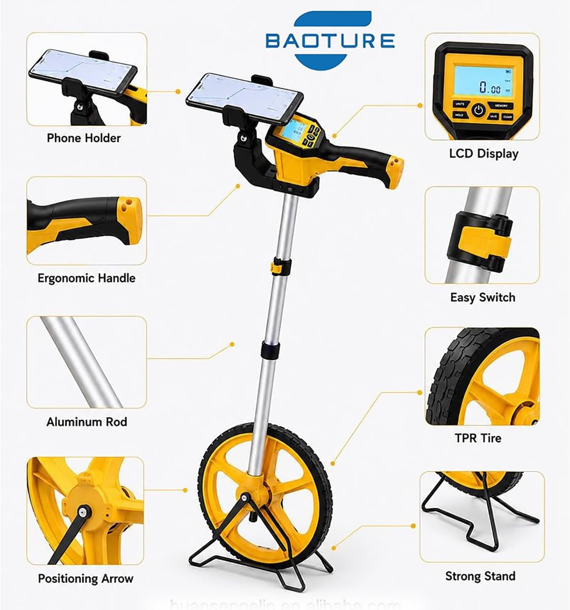 Digital Measuring Wheel with App & Backlit Display – Smart Area/Cost Estimation, DXF Export, Bluetooth Mapping – Telescoping Handle with Storage Bag – for Landscaping, Construction, Paving