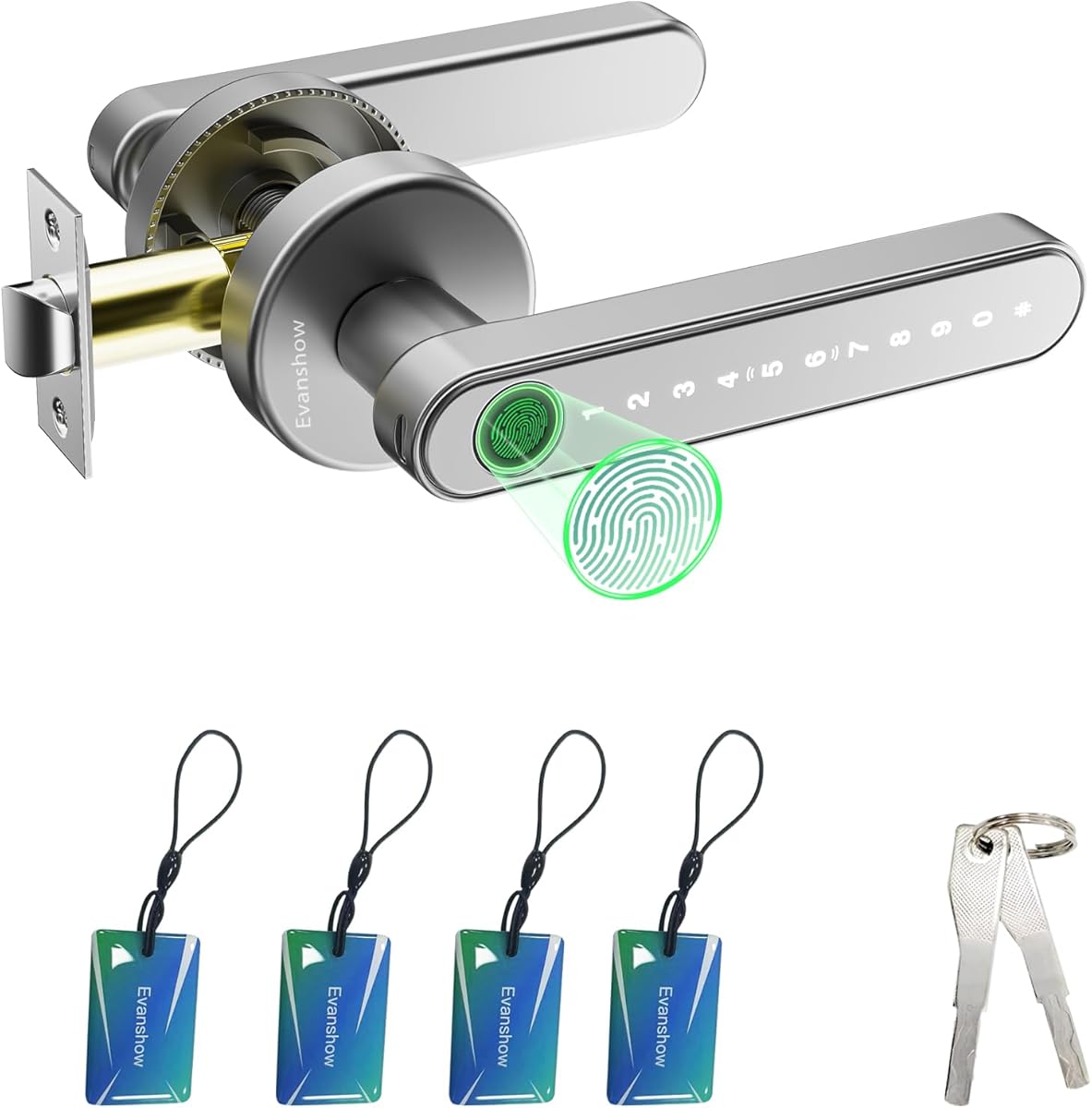 Fingerprint Door Lock Biometric Door Knob with Keypad Keyless Entry, Door Locks for Bedrooms, Home Hotel Office Apartment Silver