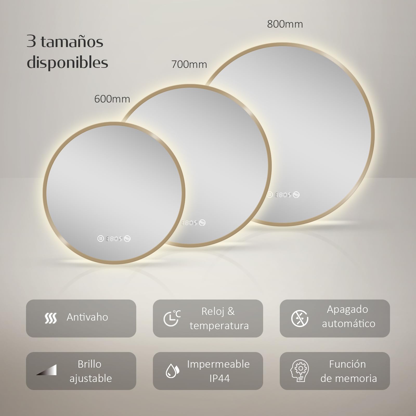EMKE Espejo de Baño Redondo 60 cm,Marco Dorado Cepillado, Antivaho, Reloj, Temperatura, Espejo baño con luz 4300K, Apagado Automático 3 h, Memoria, IP65,Espejo LED baño