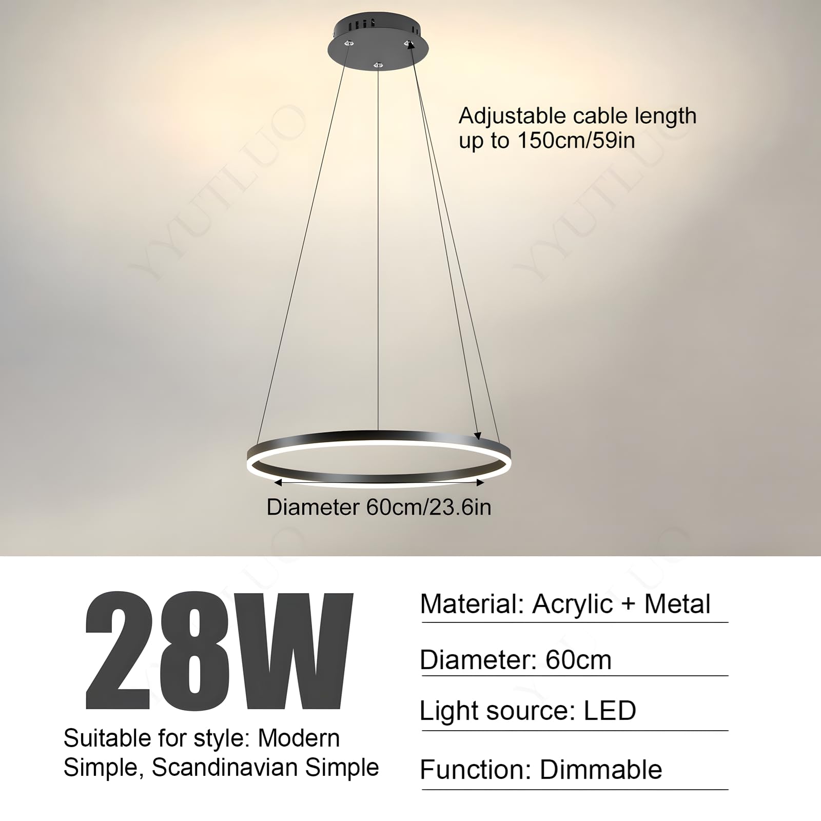 Lámpara LED DIY Circular Moderna | 1 Negra Anillos :60cm=29W| Iluminación Colgante LED Metal+Acrílico, Control Remoto Regulable 2.4G Lámpara Colgante Techo Redonda Sala Estar Dormitorio