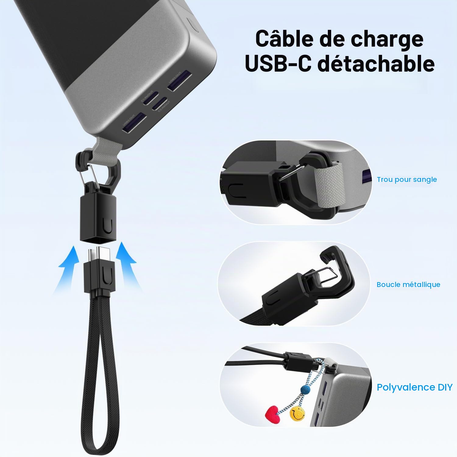 NOBIS Batterie Externe 20000mAh 65W Power Bank avec Câble Sangle