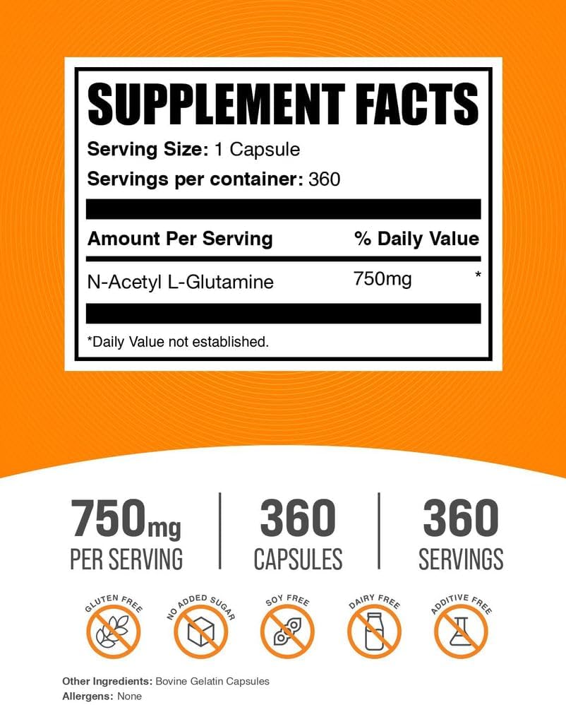 BulkSupplements.com N-Acetyl L-Glutamine Capsules - Glutamine Supplement, Amino Acids Supplement - Gluten Free, 1 Capsule per Serving (750mg), 360 Count (Pack of 1)