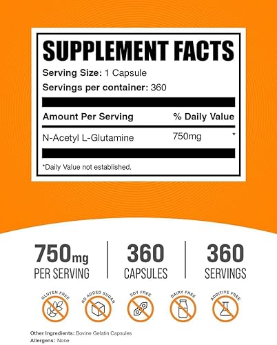 Miniatura 2 de BULKSUPPLEMENTS.COM Cápsulas de N-acetil L-glutamina - Suplemento de glutamina, L Cápsulas de glutamina - Salud intestinal y recuperación, glutamina