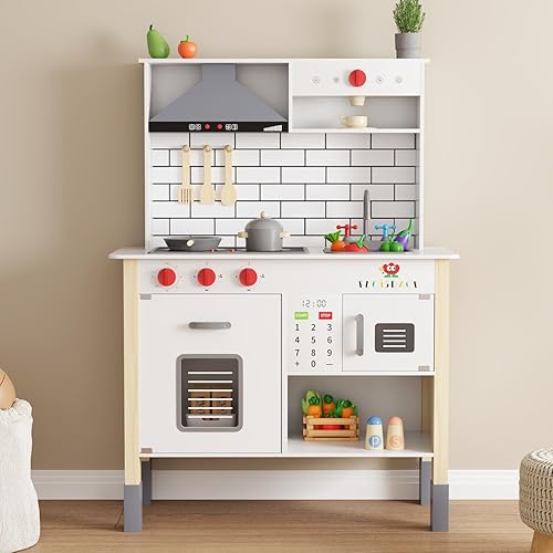 Cocina de madera para niños, juego de cocina interactivo con microondas, luces y sonidos de campana extractora, estufa, fregadero y accesorios,