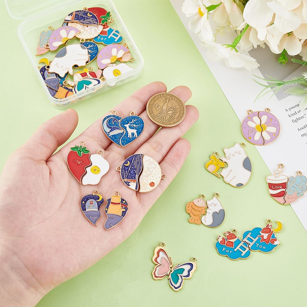 PH PandaHall 40pcs 10 Styles Colorful Enamel Split Charms Pendant, Cat Heart Flower & More, Matching Couple Pendants for Necklace Bracelet Earrings Keychain Jewelry Making - Image 3