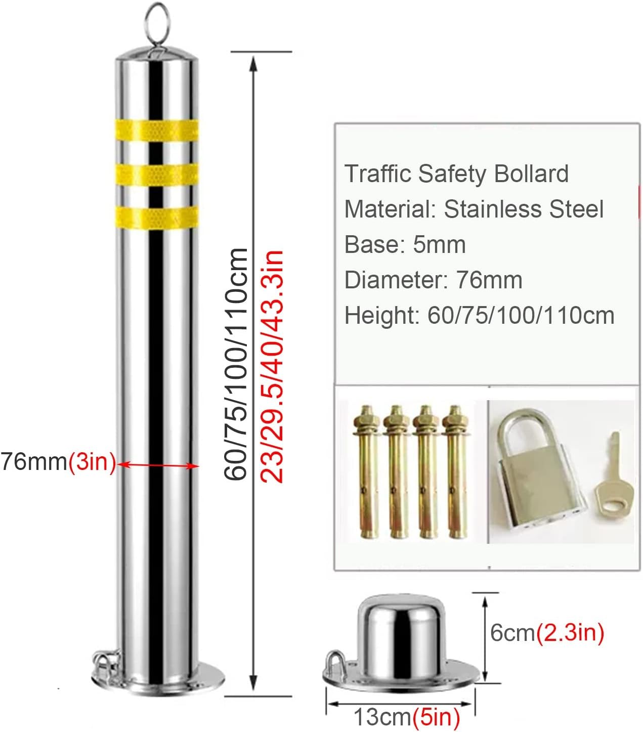 Stainless Steel Security Parking Lock Posts with Lock & Base, Reflective Tape, for Home Garage Driveway Commercial Solid Barrier