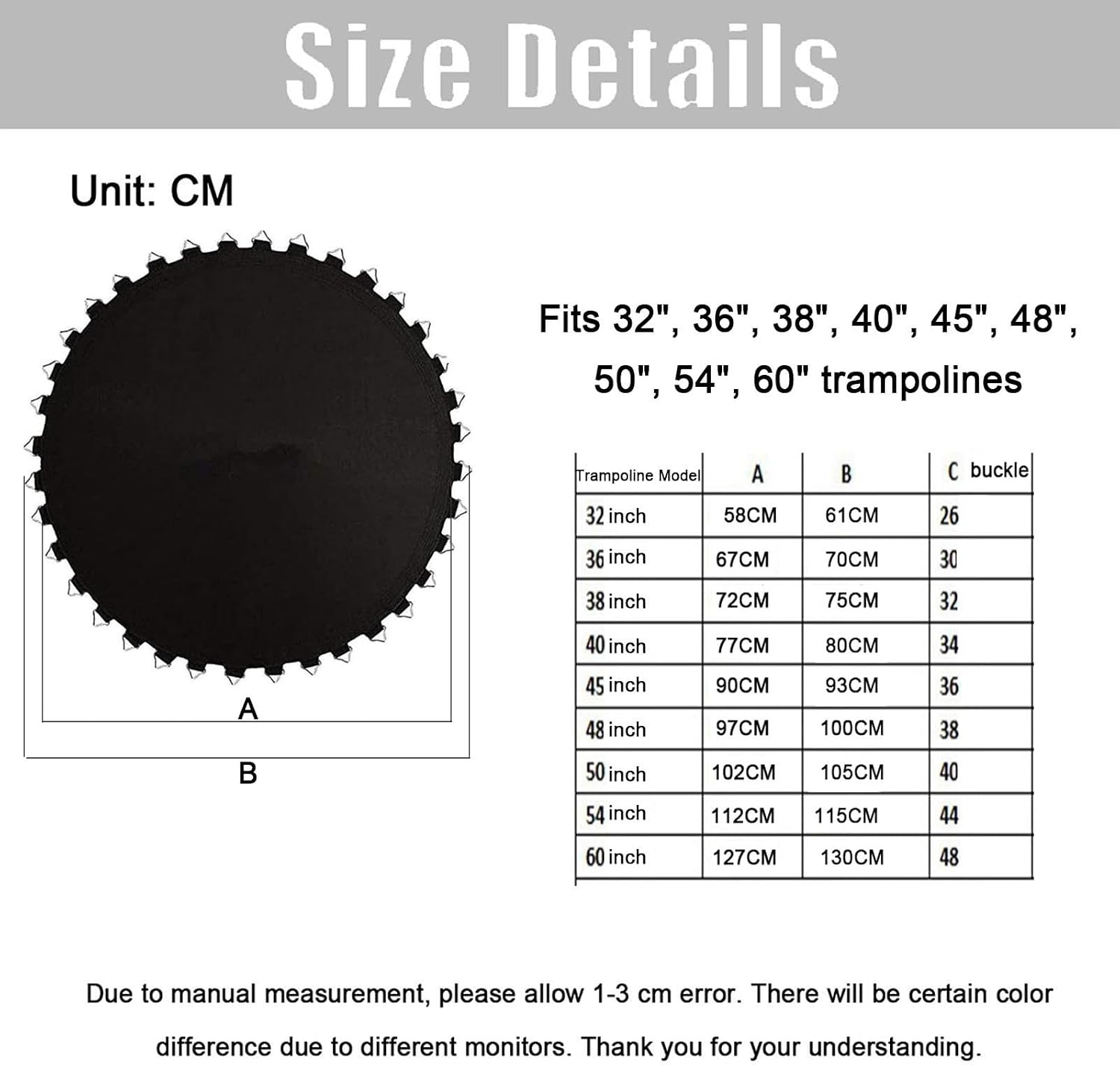 Trampoline Mat Round, Trampoline Jumping Pad for 32" 36" 38" 40" 45" 48" 50" 54" 60"Trampoline, Safety Elastic Trampoline Mat Accessories