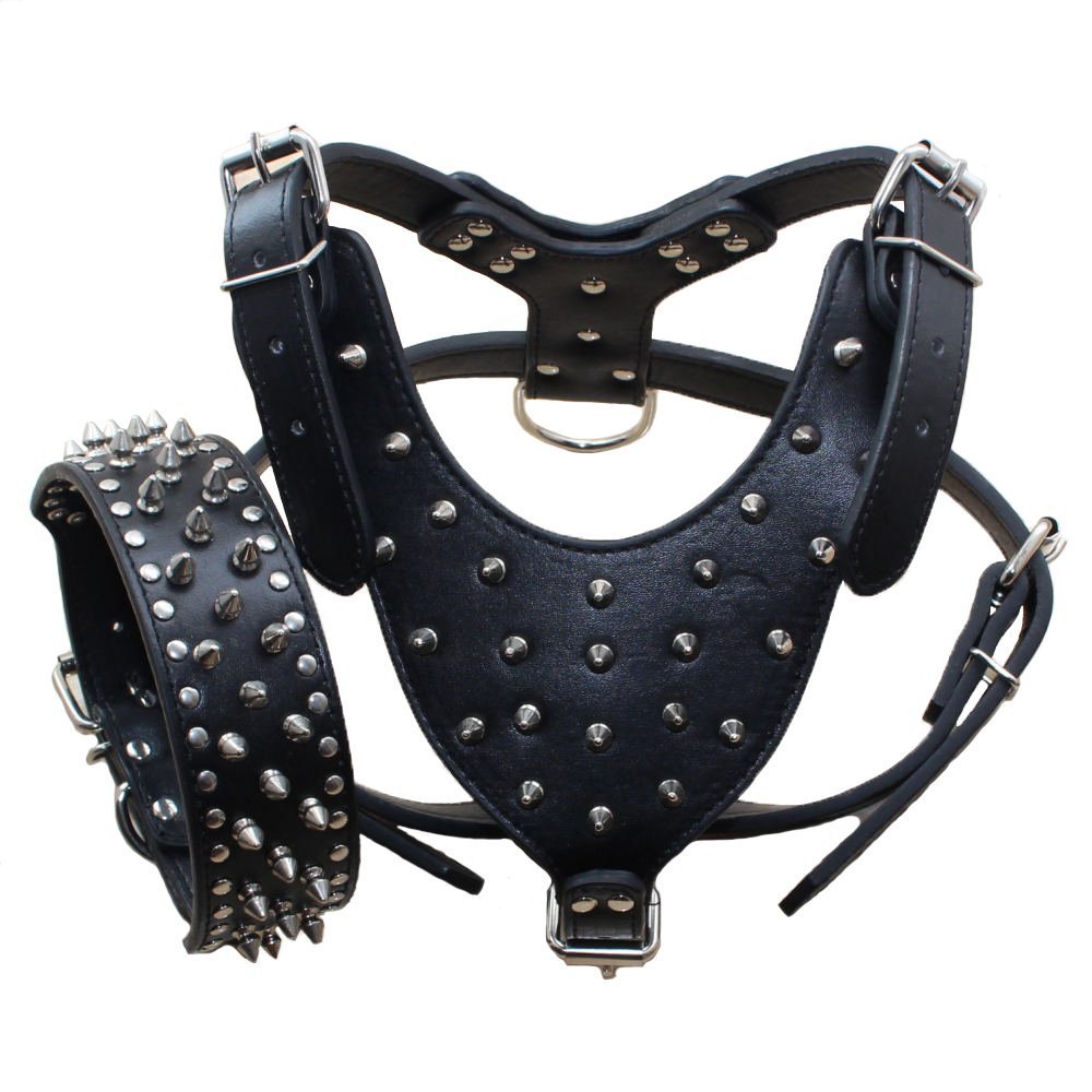 haoyueer Leather Spiked Studded Medium & Large Dog Collars, Harnesses 2Pcs Matching set for Pit Bull,Mastiff, Boxer, Bull Terrier