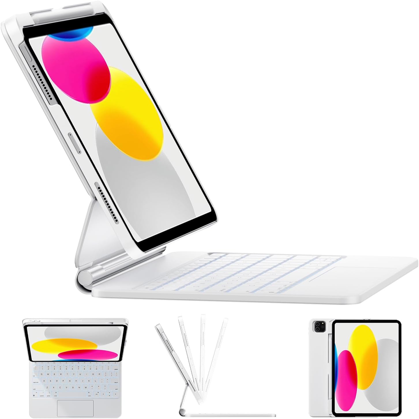 Keyboard Case for iPad A16 11th & 10th Gen 10.9", Detachable Keyboard for iPad with Smart Contact Connector, Sensitive Trackpad, Backlit Keyboard with Magnetic Stand, Pencil Slot, White