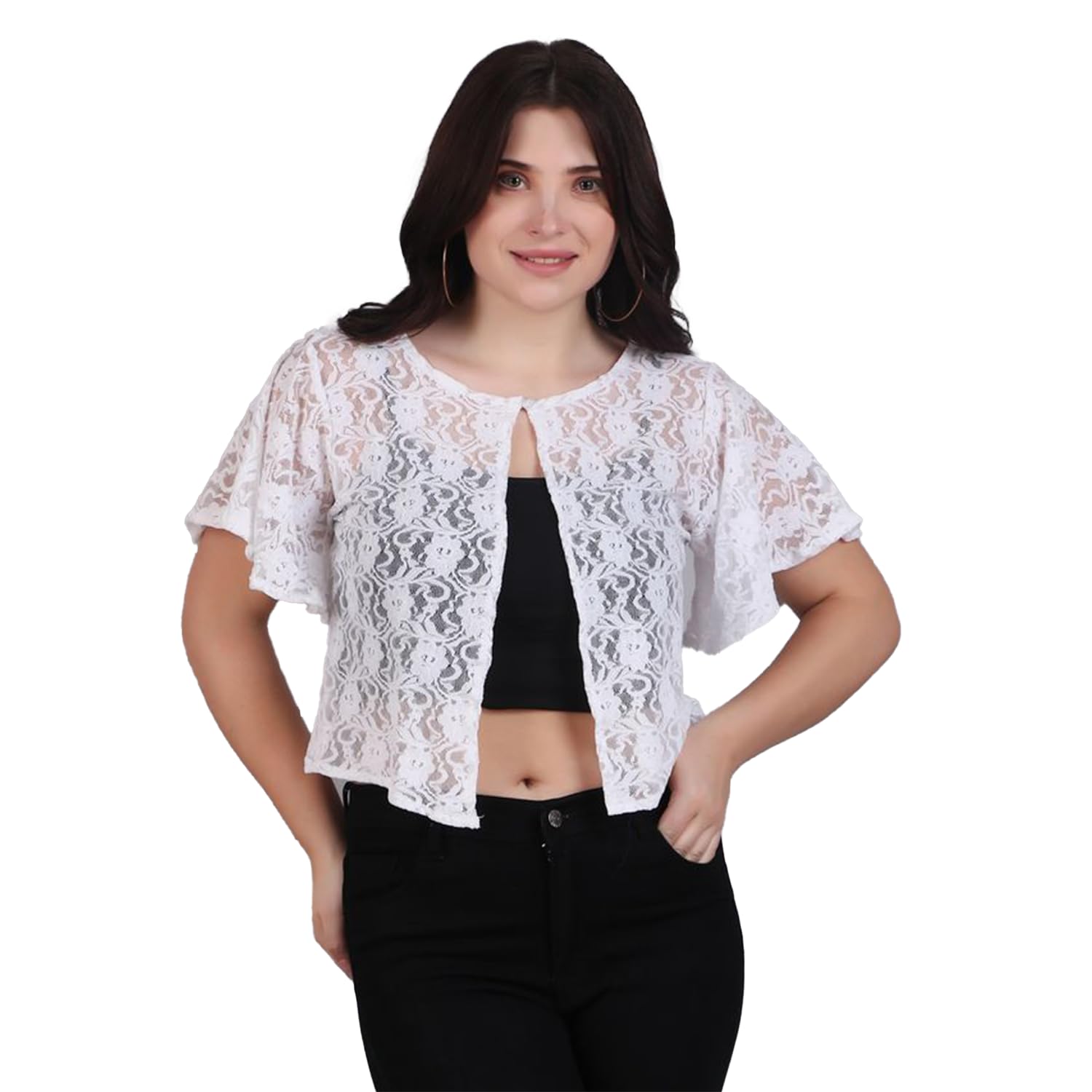 fineme Women Easygoing Self Design Cotton Lace Round Neck Flared Sleeve Shrug | Front Open, Button Closure-picture-39