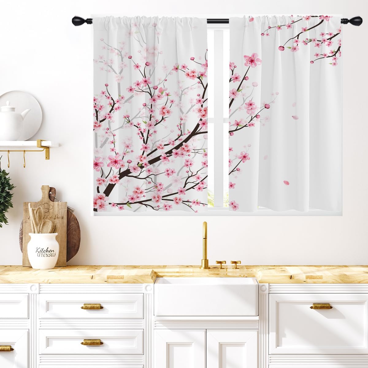 Coxila Pink Cherry Blossom Window Curtains for Bedroom 42 x 84 Inch Rod Pocket Japanese Sakura Flower Floral Pattern Design Curtains Living Room Treatment Set of 2 Curtain Panels Drapes
