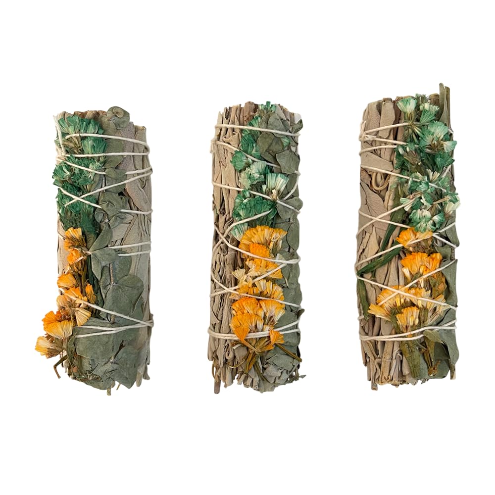 Smudge Stick, White Sage, Orange, Green Sinuata and Eucalyptus 4", Pack of 3