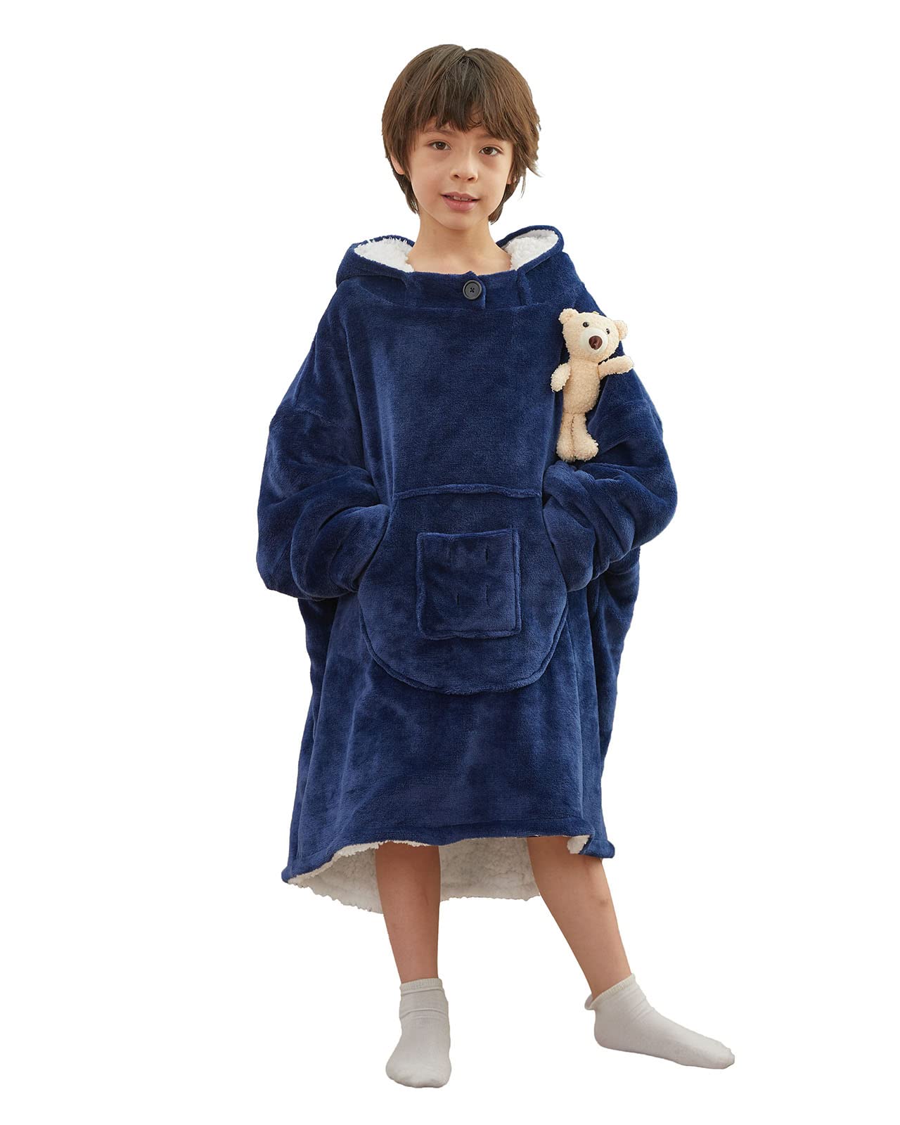 Photo 1 of Cityoung Kids Oversized Hoodie Wearable Blanket Sweatshirt Soft Warm Fleece Pullover Large Pocket Boys Girls Navy Bear One Size