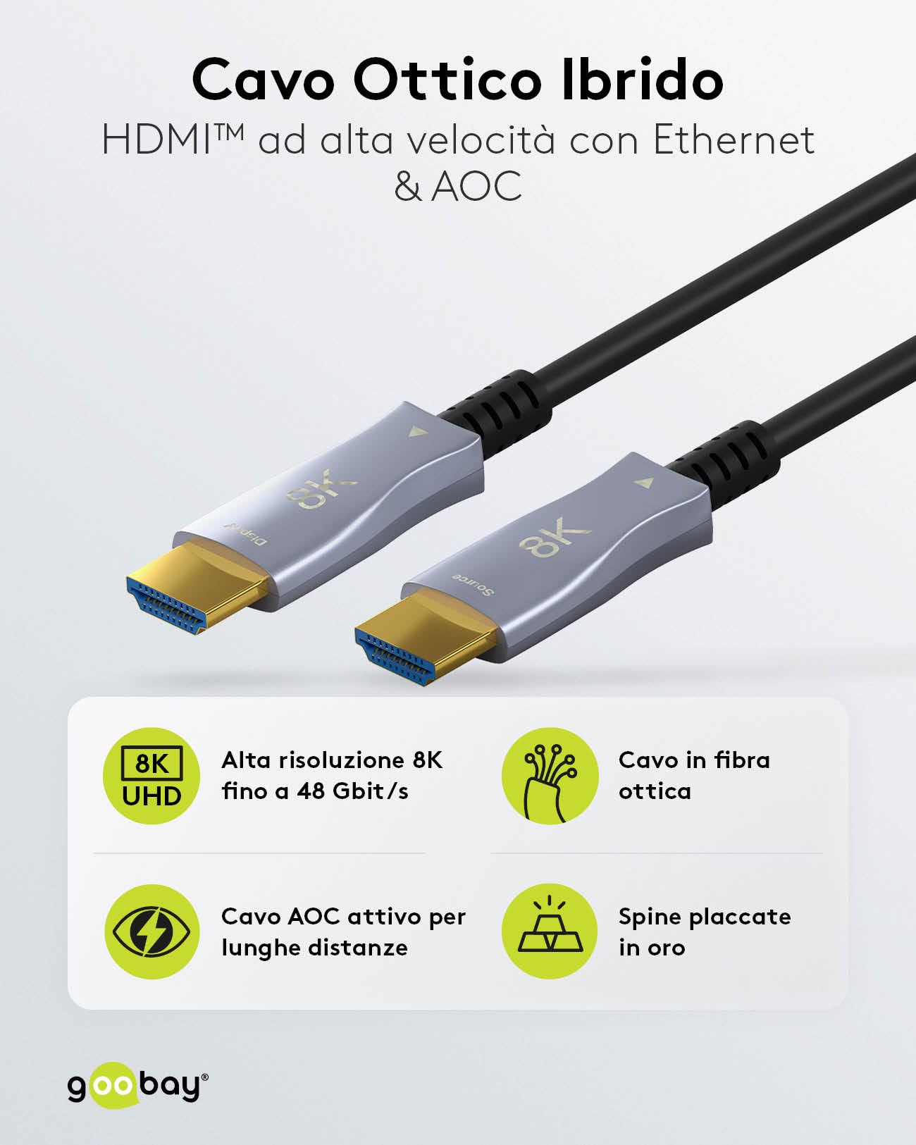 Cavo HDMI 2.1 Ibrido Ottico Goobay 10m, 8K@60Hz 48Gbps, ARC, HDCP, Per PS5 E Xbox