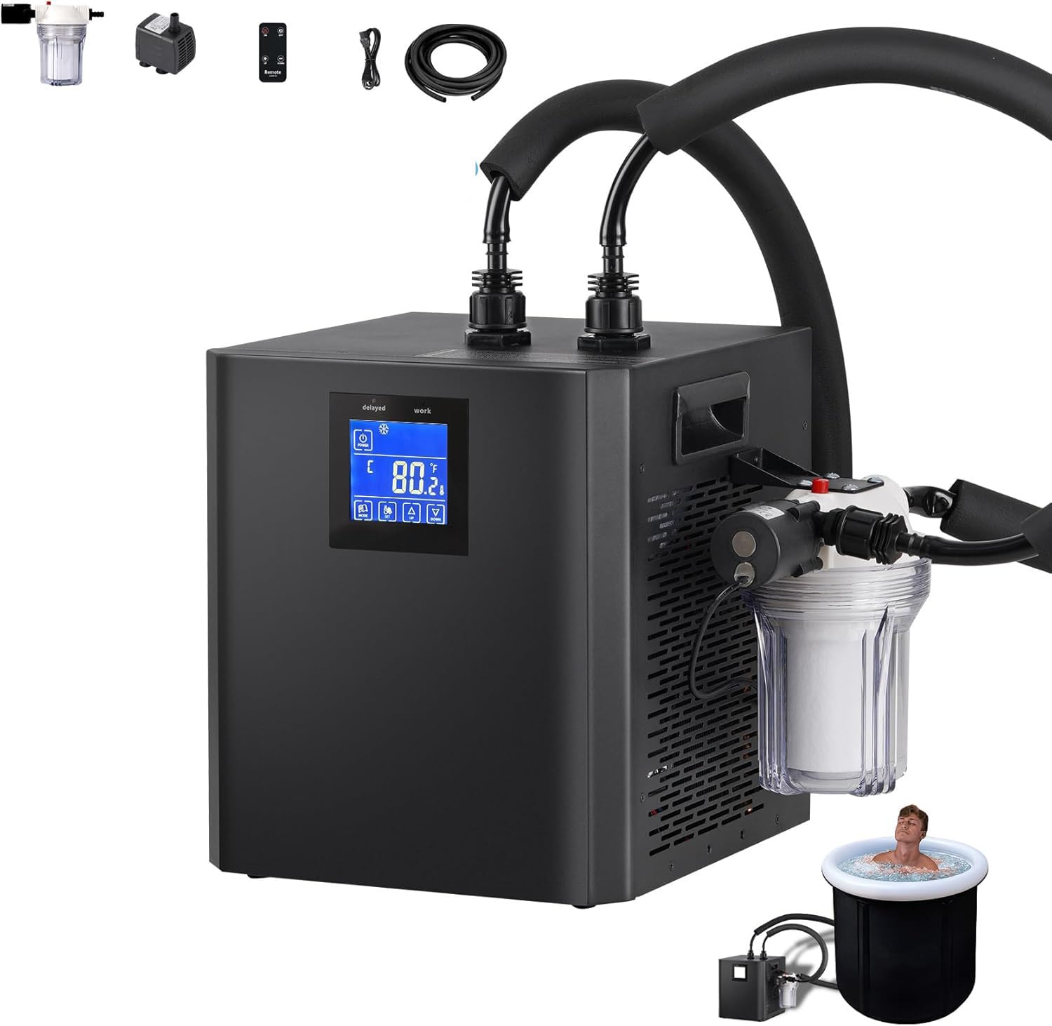 XUXIAO Ice Bath Water Chiller - 1/3HP Cold Plunge Chiller with External Filter & Pump, Cools Down to 4°C, Powerful and Quiet (35 dB), for Cold Bath Recovery