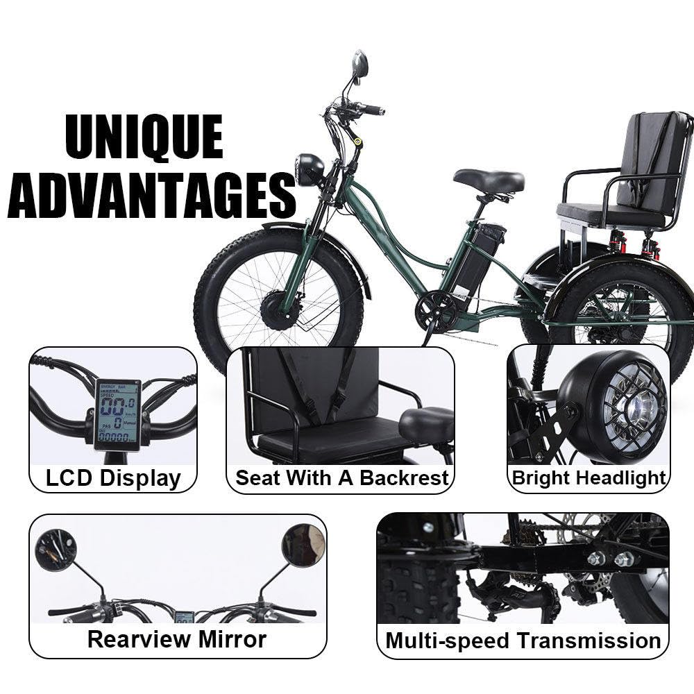 Triciclo elettrico per adulti da 24 pollici con pedalata assistita, sedile multifunzionale, display LCD, faro, acciaio ad alto tenore di carbonio, portata massima 150 kg, ideale per strade u