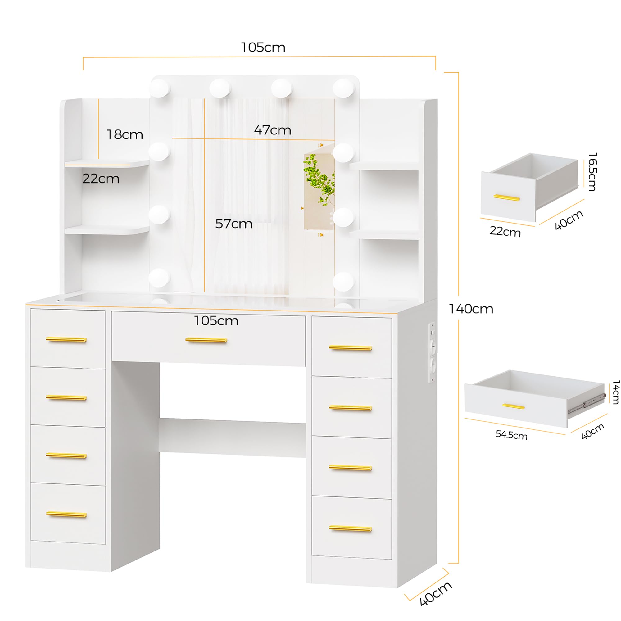 BEWISHOME Grande Toeletta da Trucco con Luci LED e Specchio, Luminosità Regolabile, Toletta con Piano in Vetro, Tavolo da Toeletta con Presa, 9 Cassetti, 4 Ripiani Aperti, Moderna Bianco EFST39W