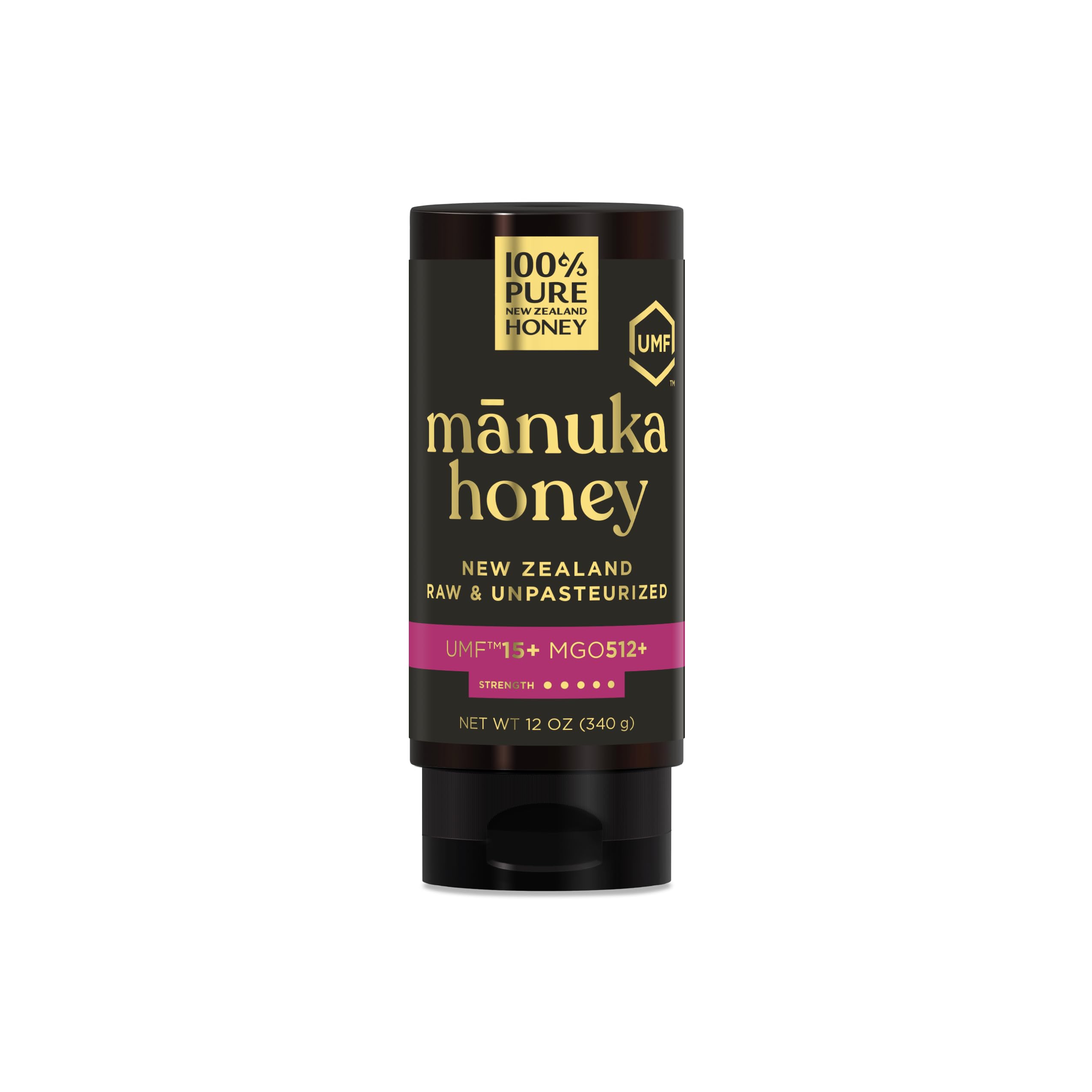 100% Pure New Zealand UMF 15+ MGO 512+ Manuka Honey Squeeze Bottle Raw & Unfiltered Certified Award Winning Silky Smooth Taste & Texture 12 Oz